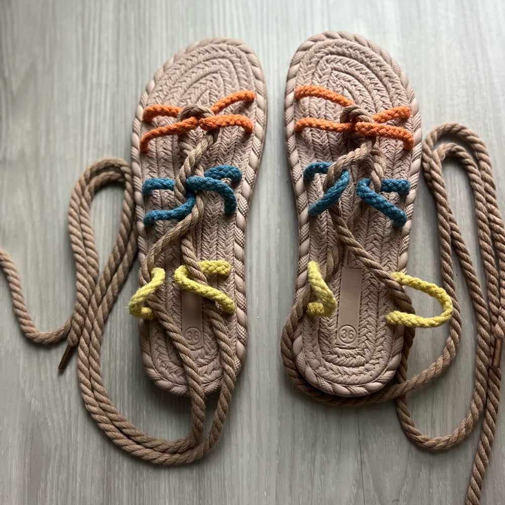 Blue and Cream Rope Sandals with Artistic Design